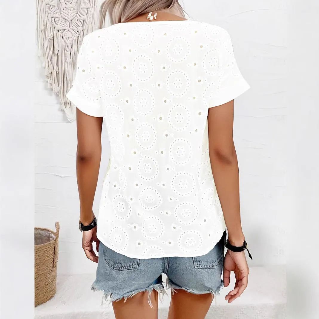 White women's V-neck loose t-shirt with hollow short sleeve design.