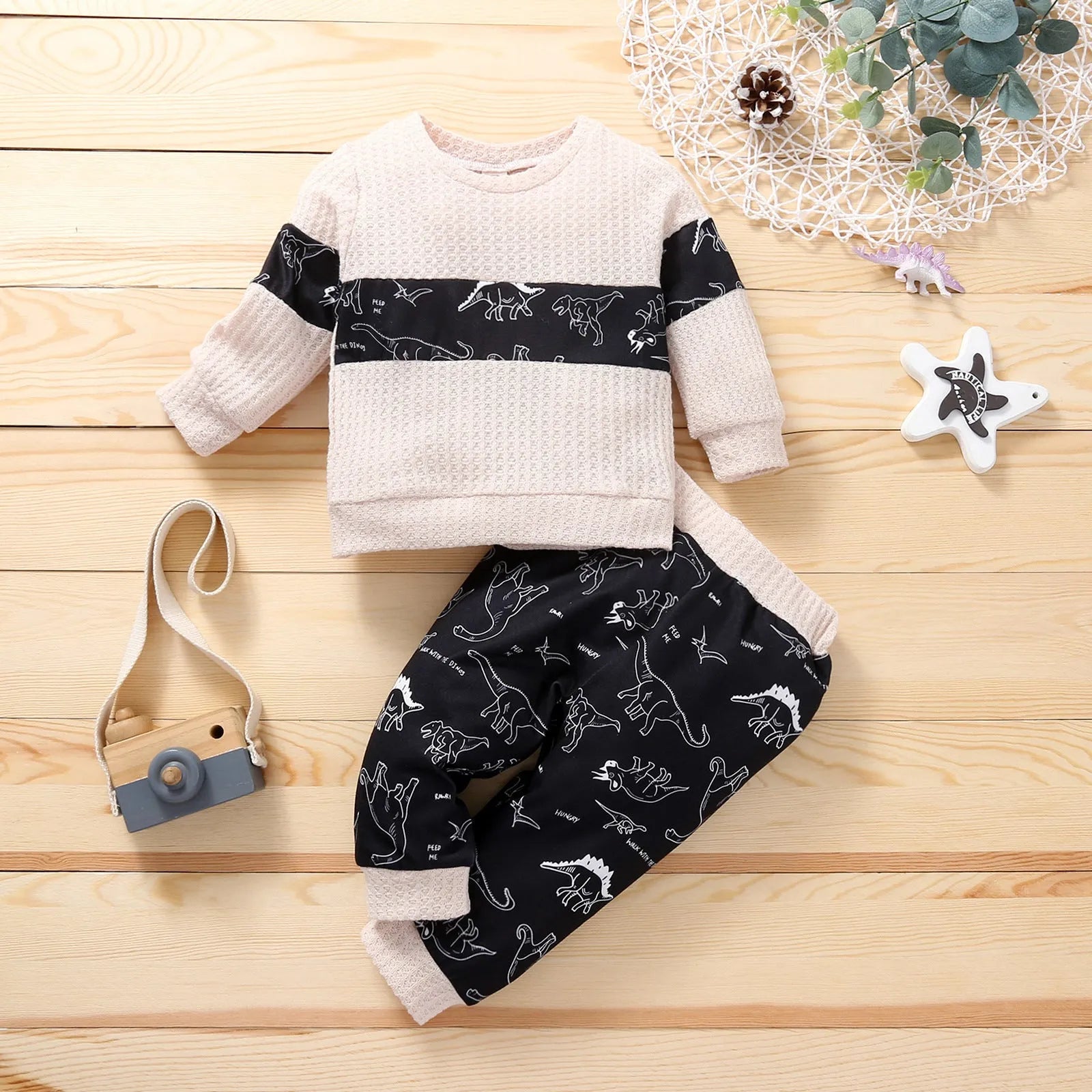 Children's cotton knitted stitching sports suit with cartoon dinosaur pattern in grey colour, pullover style pants set