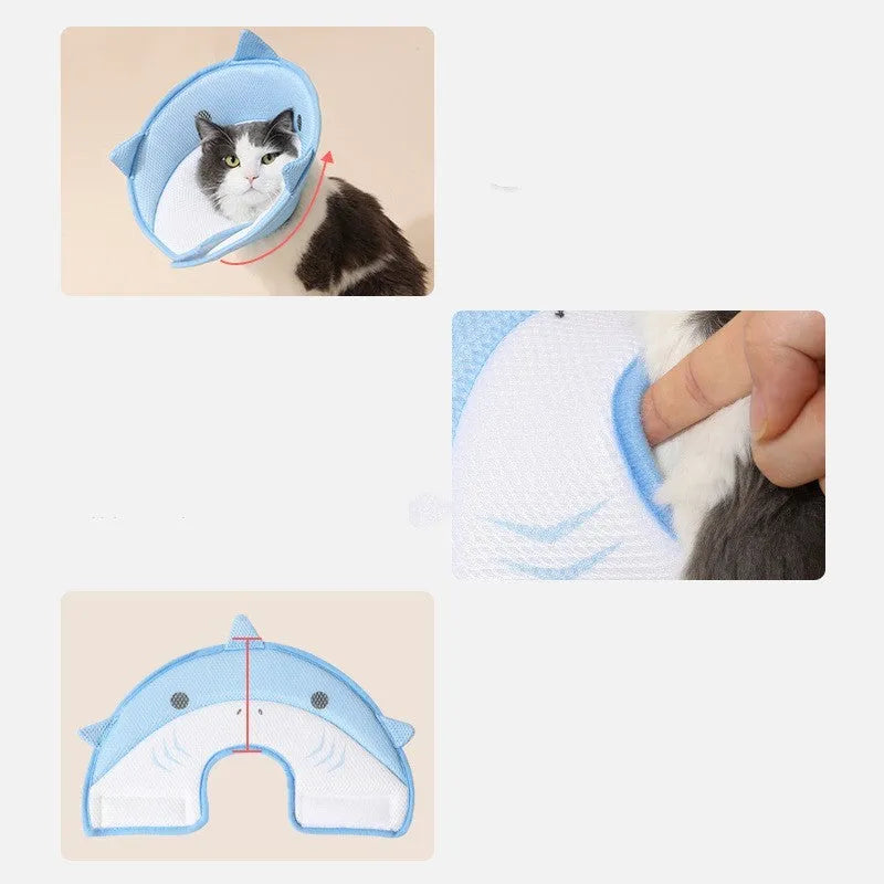 Pet protective cover in blue shark cartoon pattern, made from mesh cloth, on a light background