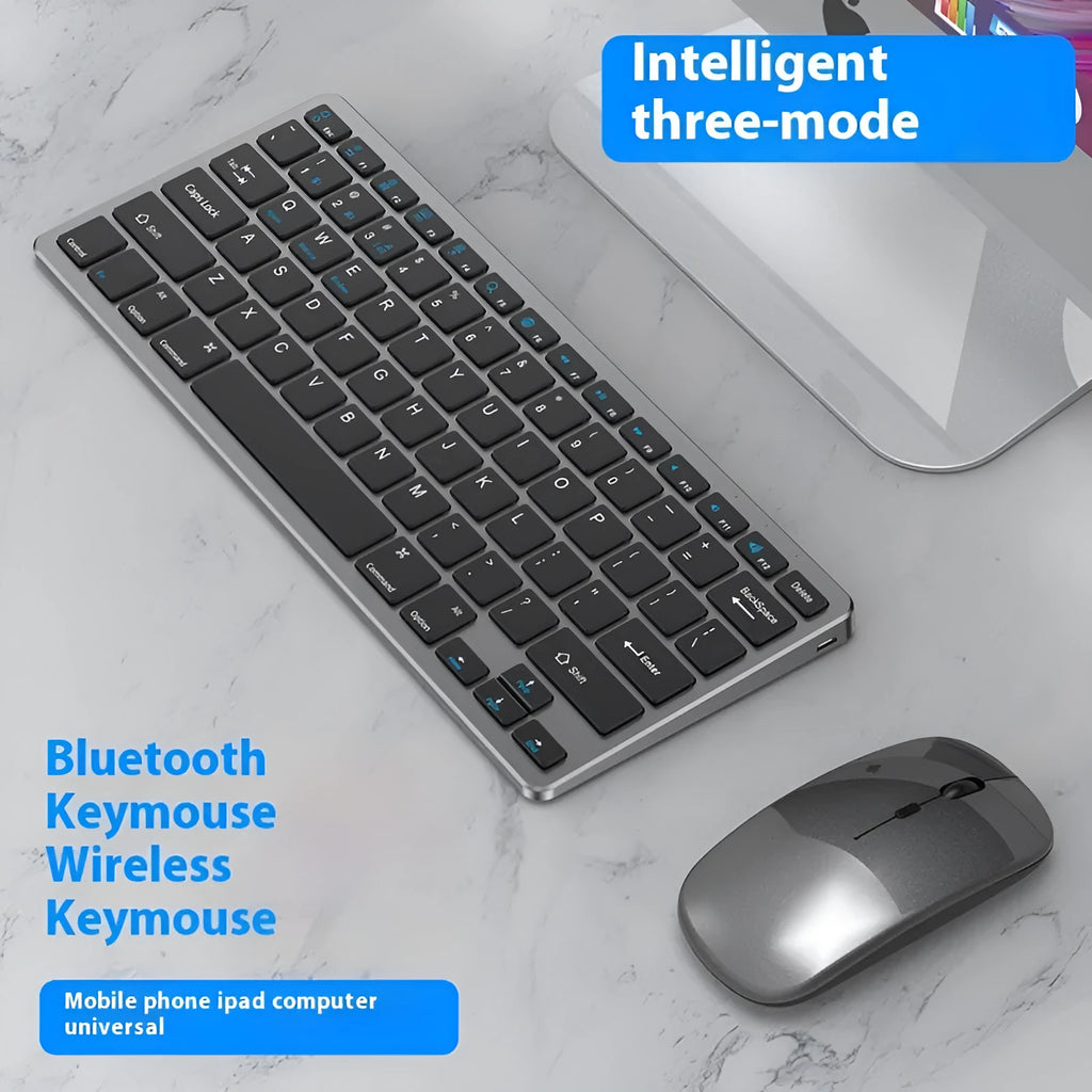 Black ultra-thin rechargeable wireless keyboard and photoelectric mouse combo set with USB receiver on a desk.