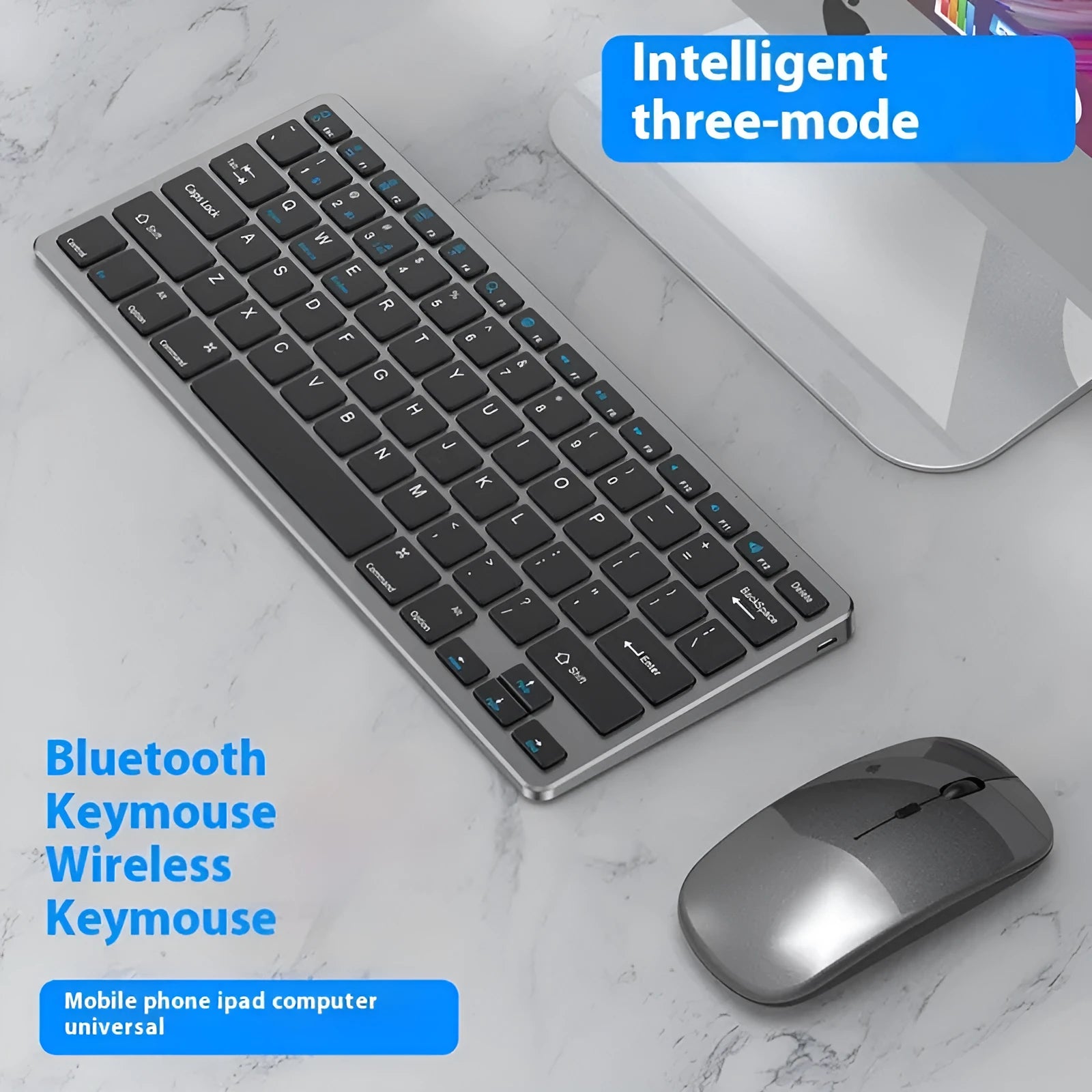 Black ultra-thin rechargeable wireless keyboard and photoelectric mouse combo set with USB receiver on a desk.