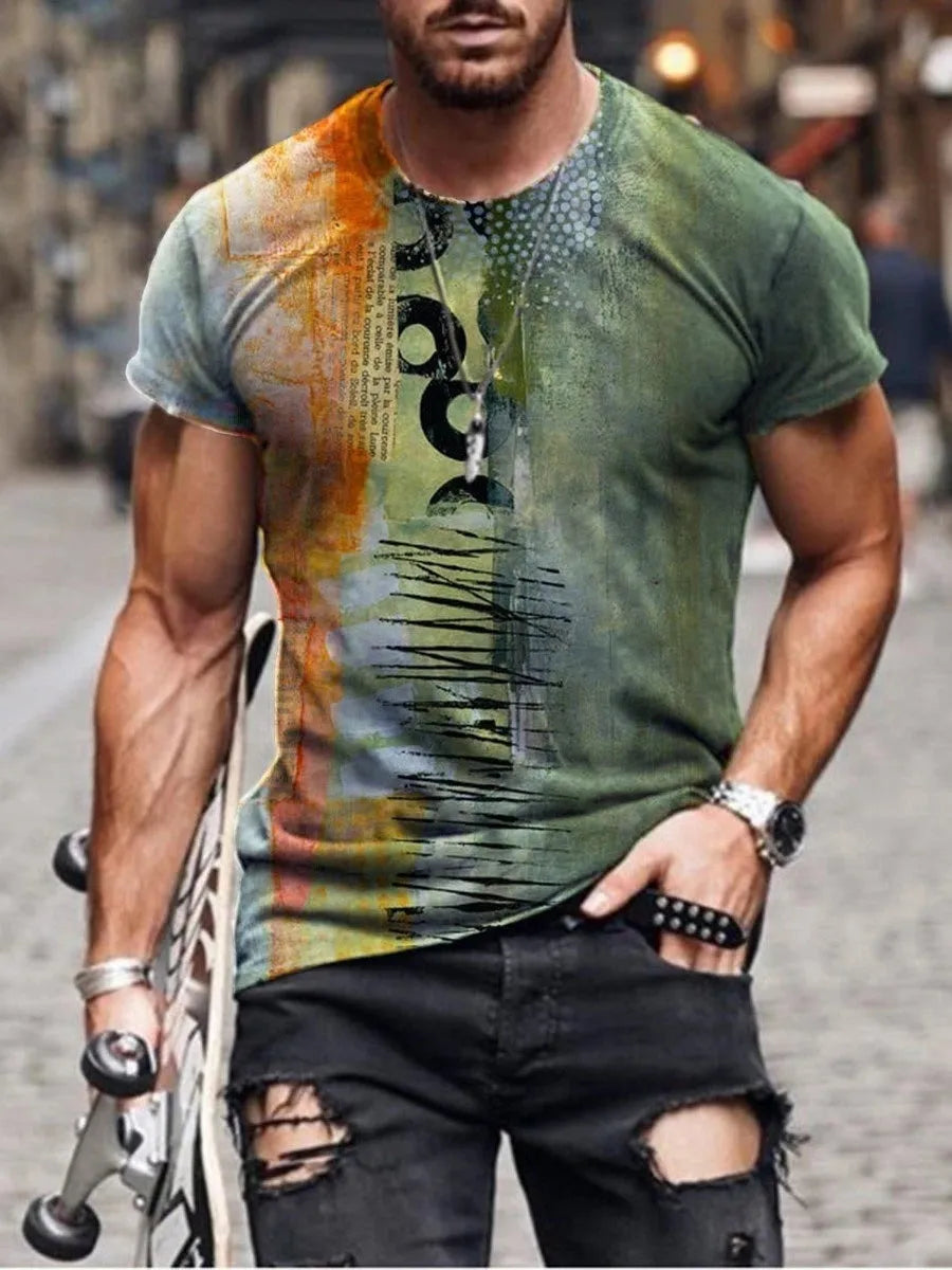 Men's loose fit short-sleeve T-shirt with a digital camouflage print on milk silk fabric.