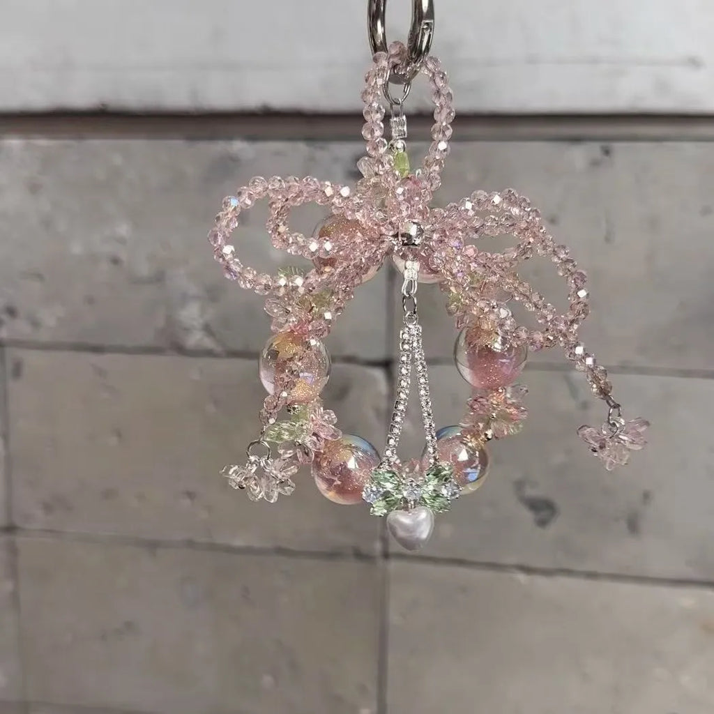 Acrylic sweet bow beaded mobile phone charm pendant in bow beaded colour with heart water drops bell pattern
