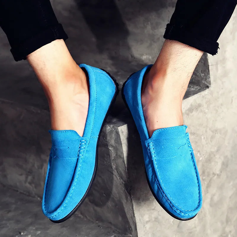 Men's suede leather Gommino casual shoes with flat rubber sole and round toe in black
