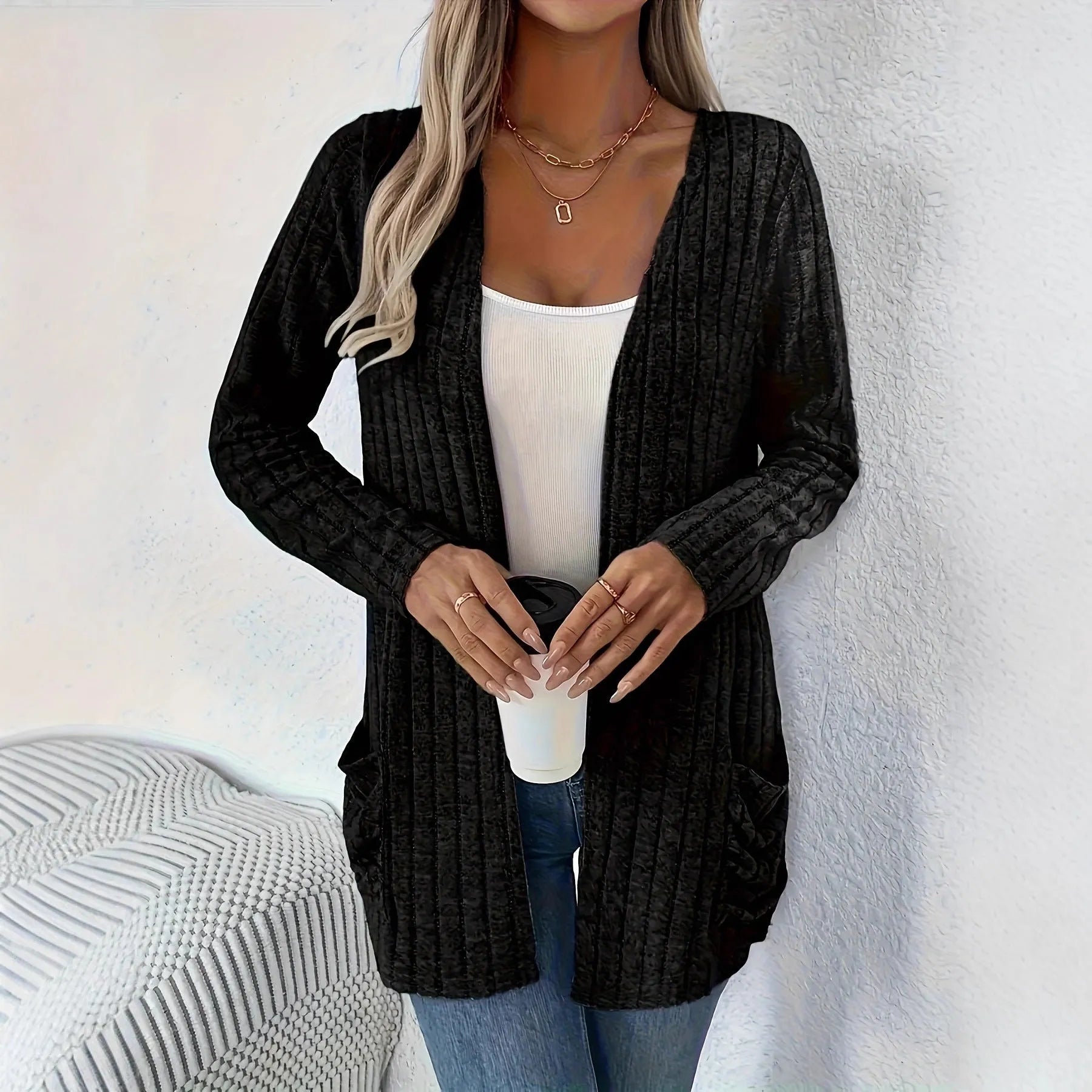 Solid colour long sleeve cardigan in loose fit available in extended sizes 1XL to 5XL