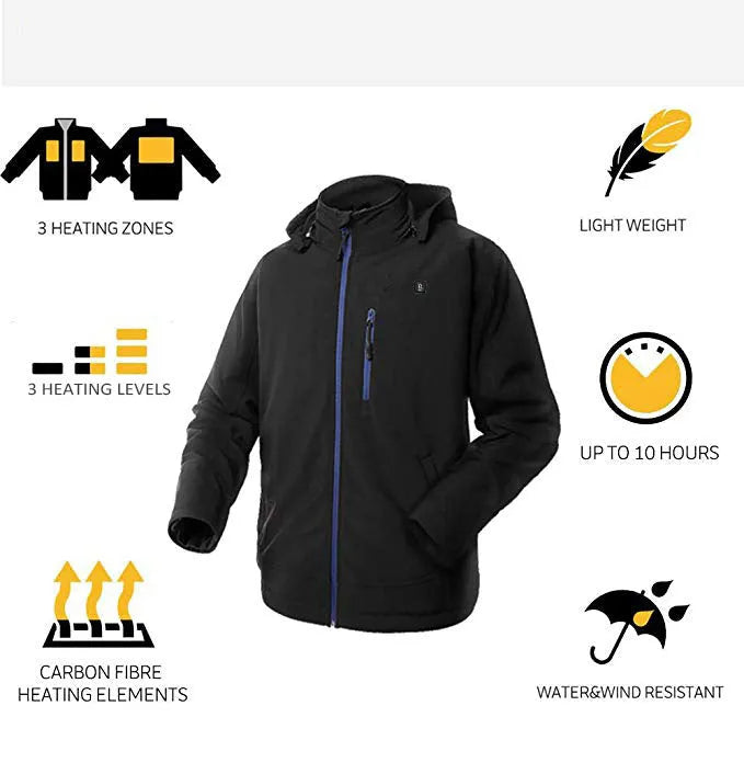 Black men's USB heated waterproof winter coat with long sleeves and zippered pockets