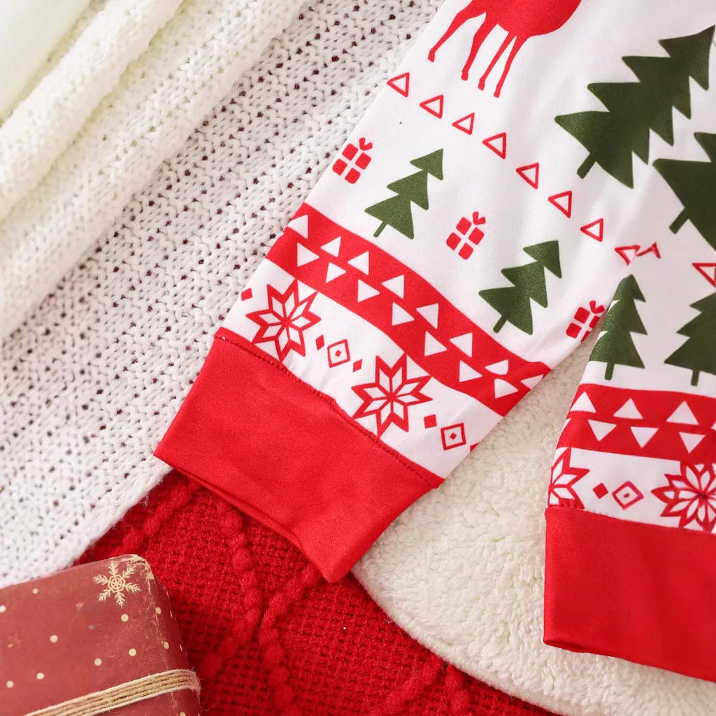 Red boys Christmas print suit two-piece polyester set with animal print top and trousers on white background