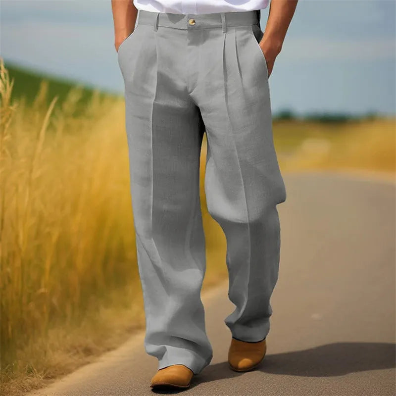 Men's casual trousers in hemp blend linen fabric with loose straight fit