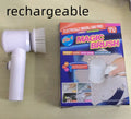 White handheld electric cleaning brush with three interchangeable nylon brush heads on a table.