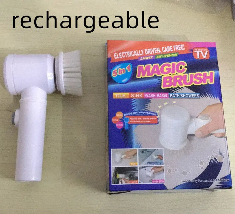 White handheld electric cleaning brush with three interchangeable nylon brush heads on a table.