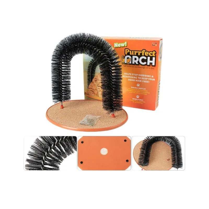 White plastic arched cat grooming station with integrated brush bristles for scratching and rubbing.