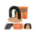 White plastic arched cat grooming station with integrated brush bristles for scratching and rubbing.