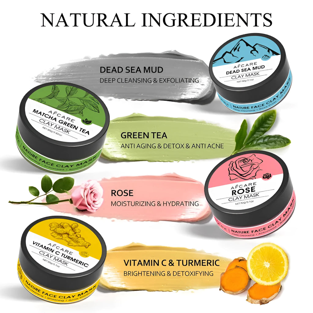 Set of four tubs of Dead Sea Mud Green Tea Turmeric Rose Clay Mask