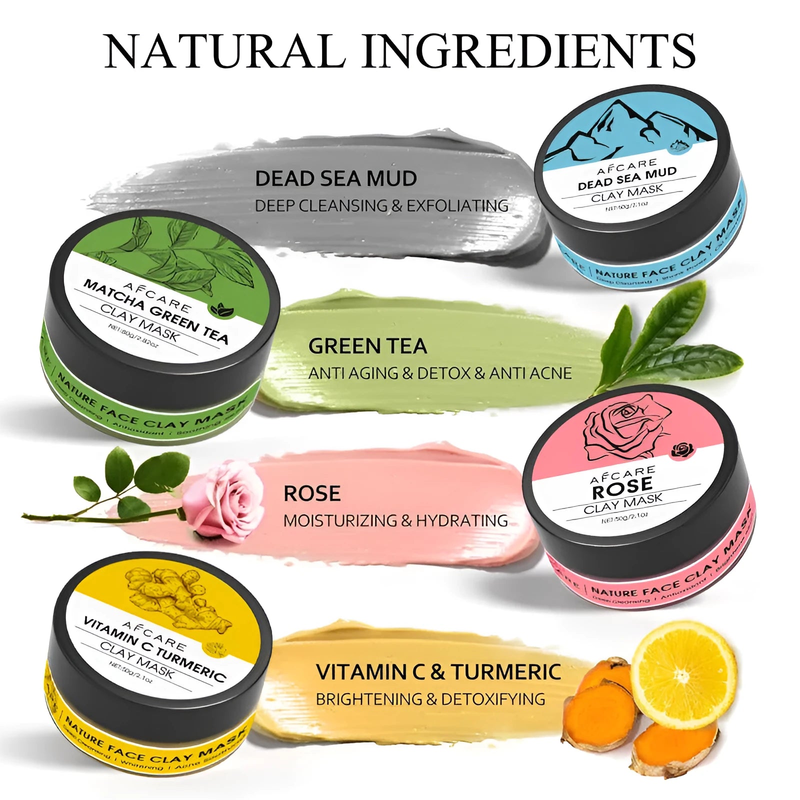 Set of four tubs of Dead Sea Mud Green Tea Turmeric Rose Clay Mask