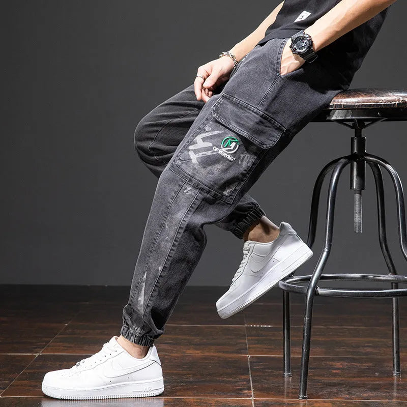 Men's Korean-style cargo jeans with straight leg and micro-elastic cotton fabric