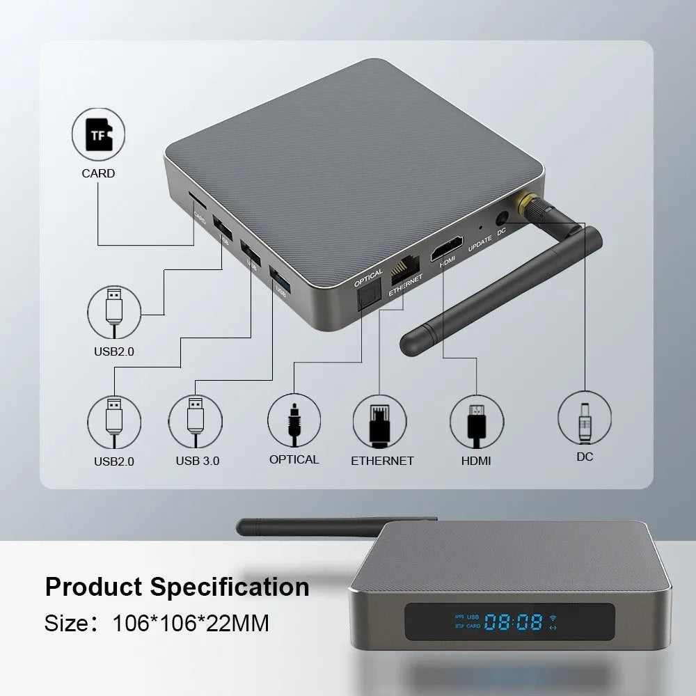 Android TV box with 8K resolution output, RK3566 processor, and compact 105x105x20mm design