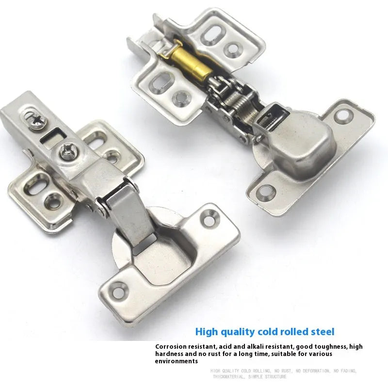 Nickel plated cold rolled steel hydraulic damping hinge for cabinet doors in three bend types.