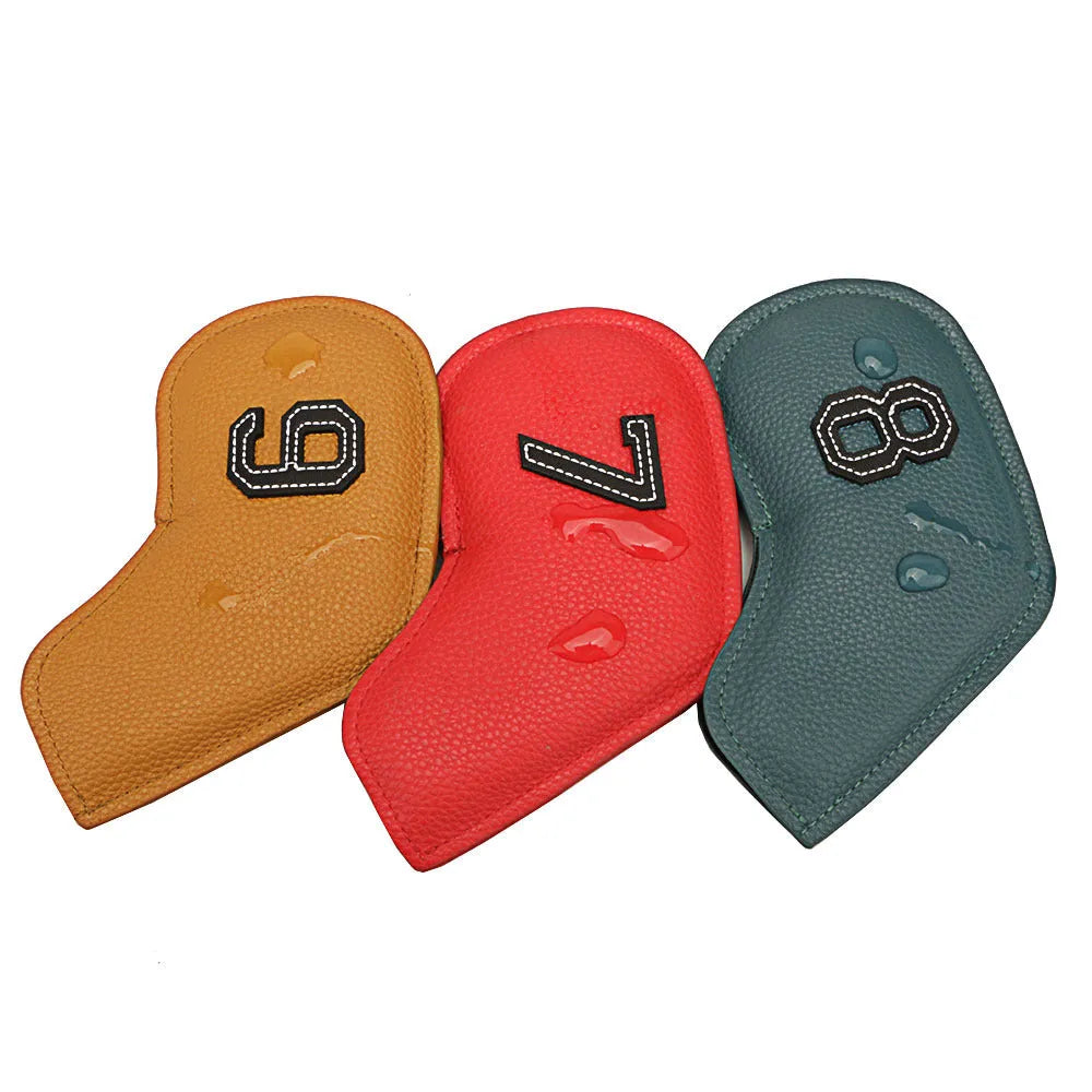 Set of 10 colourful PU leather golf club head covers with minimalist digital print designs.