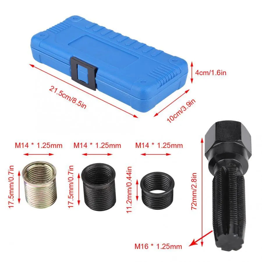 16-piece spark plug thread repair kit with M14 flanges and M16 tap in blue packaging box