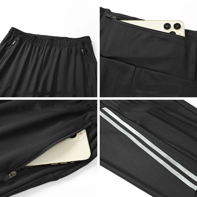 Men's black polyester running exercise pants with a mid-waist fit.