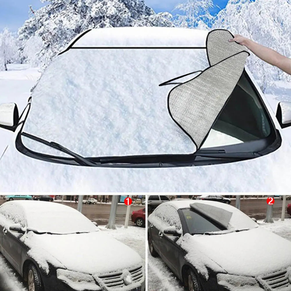 Car snow protection cover with front gear made from silver aluminium film fabric, shown with lanyard ties.