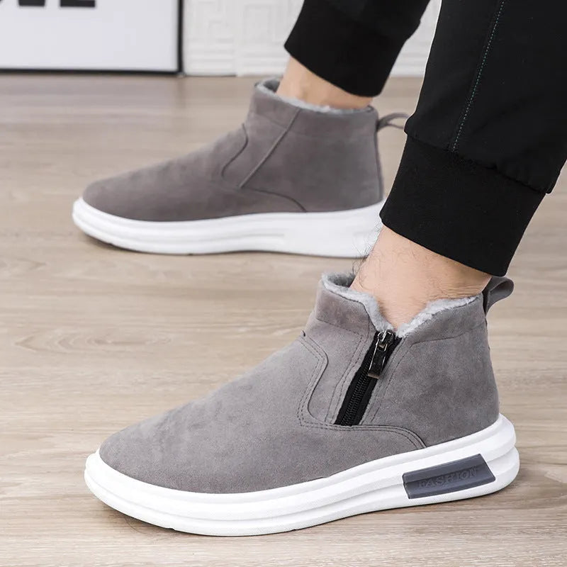 Men's winter snow boots with side zipper, plush lining, cotton upper and wear-resistant rubber outsole in black or grey.