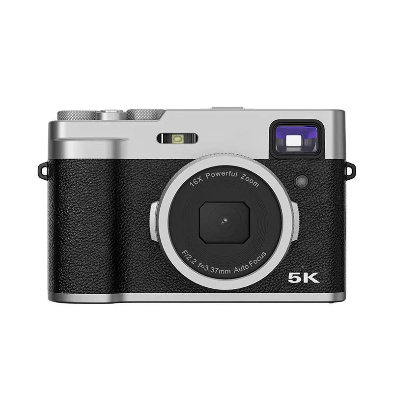 Black or brown 5K HD digital camera with dual lenses and an optical viewfinder on top.