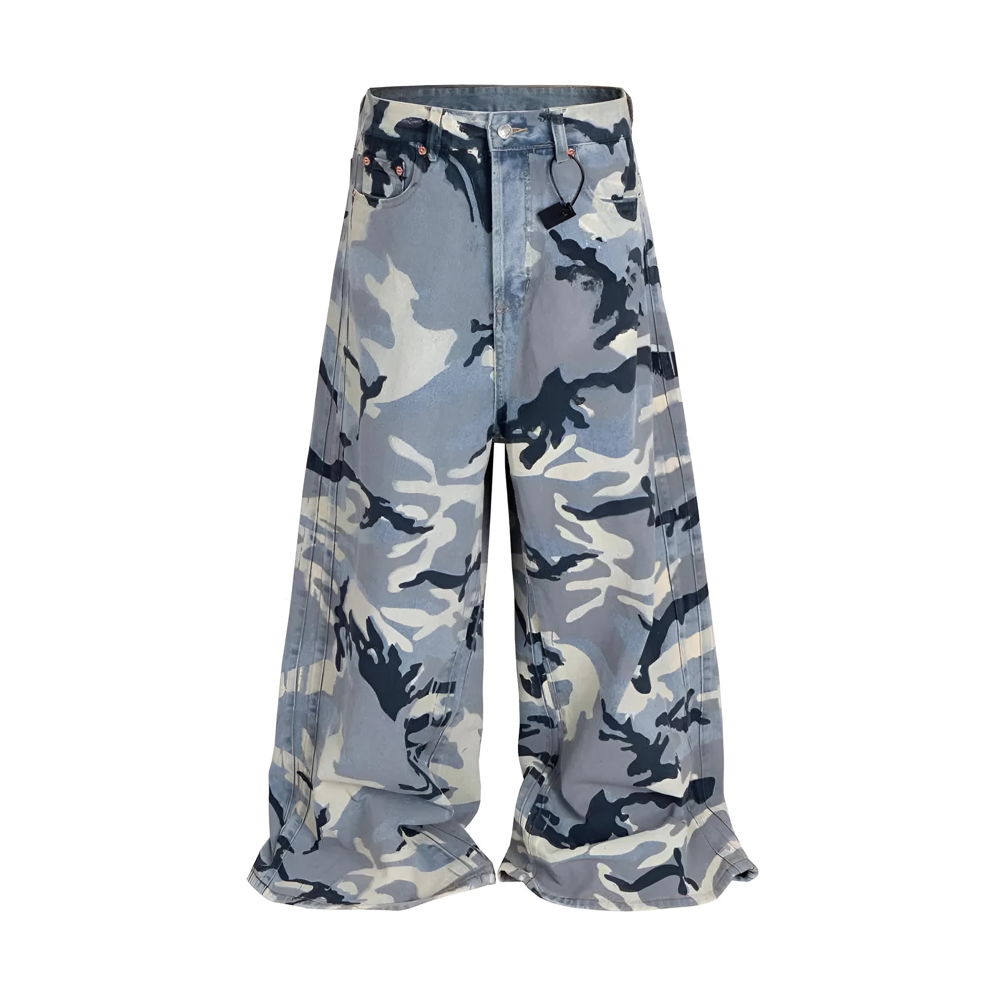 Snow camouflage blue jeans showing mid-waist design and loose fit trousers