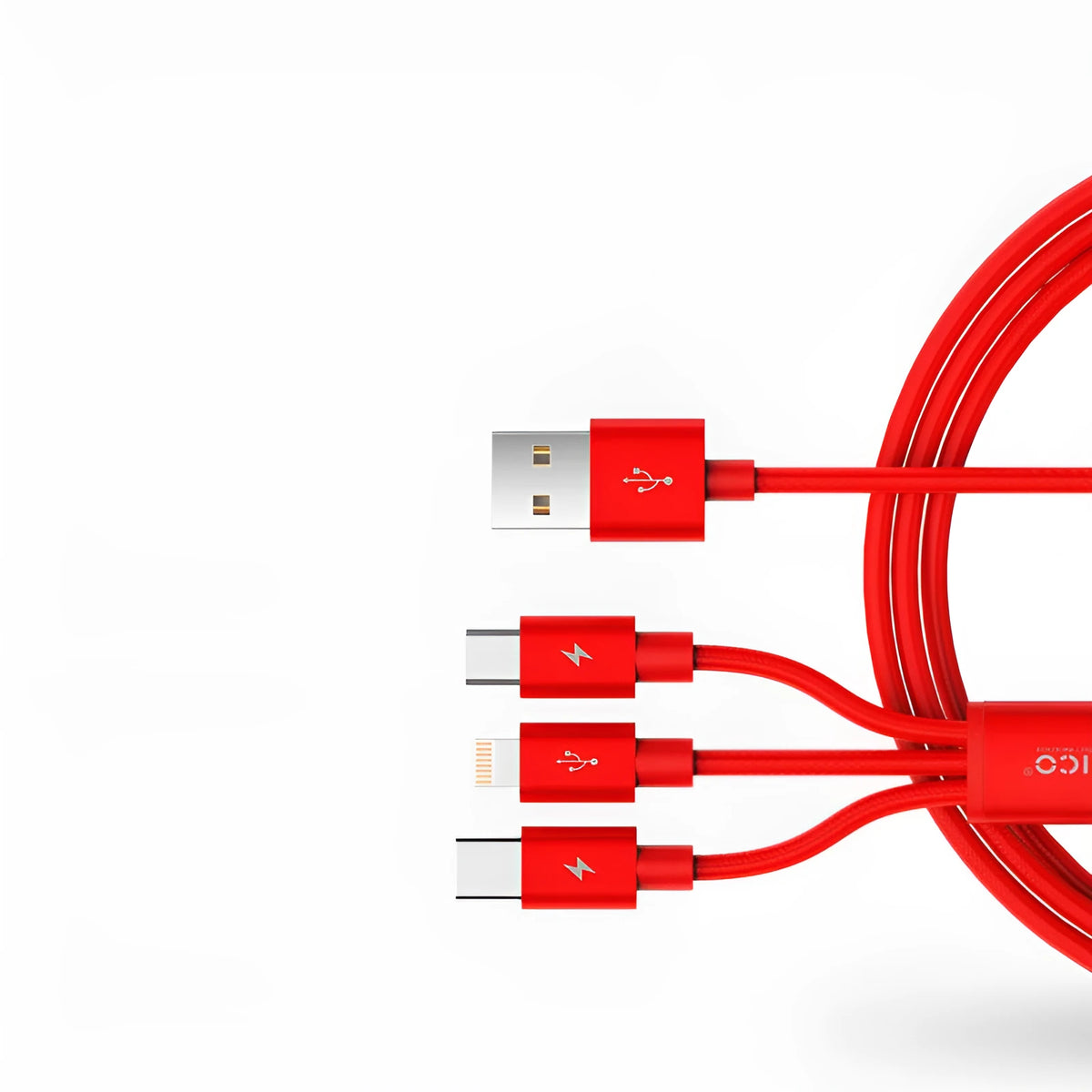 Three-in-one USB charging cable 1.2m 3A with Type-C, Micro USB and Lightning connectors, PVC and nylon braid, black red blue
