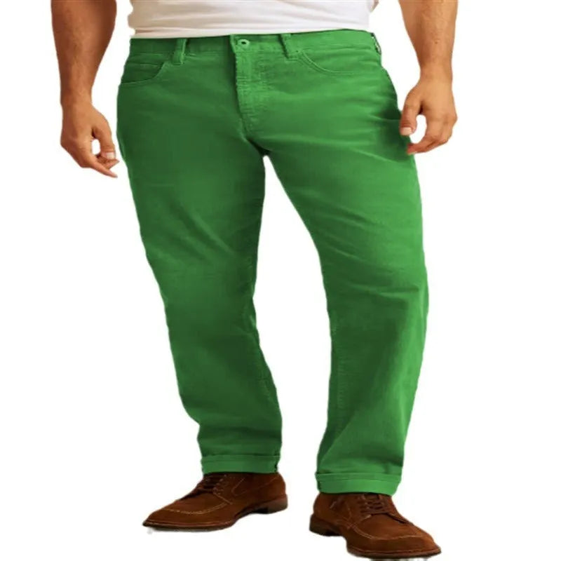 Men's solid colour corduroy trousers showing straight-leg cut and mid-waist design in green colour option