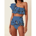 Women's high-waisted bikini set with ruffled shoulders in a striped pattern.