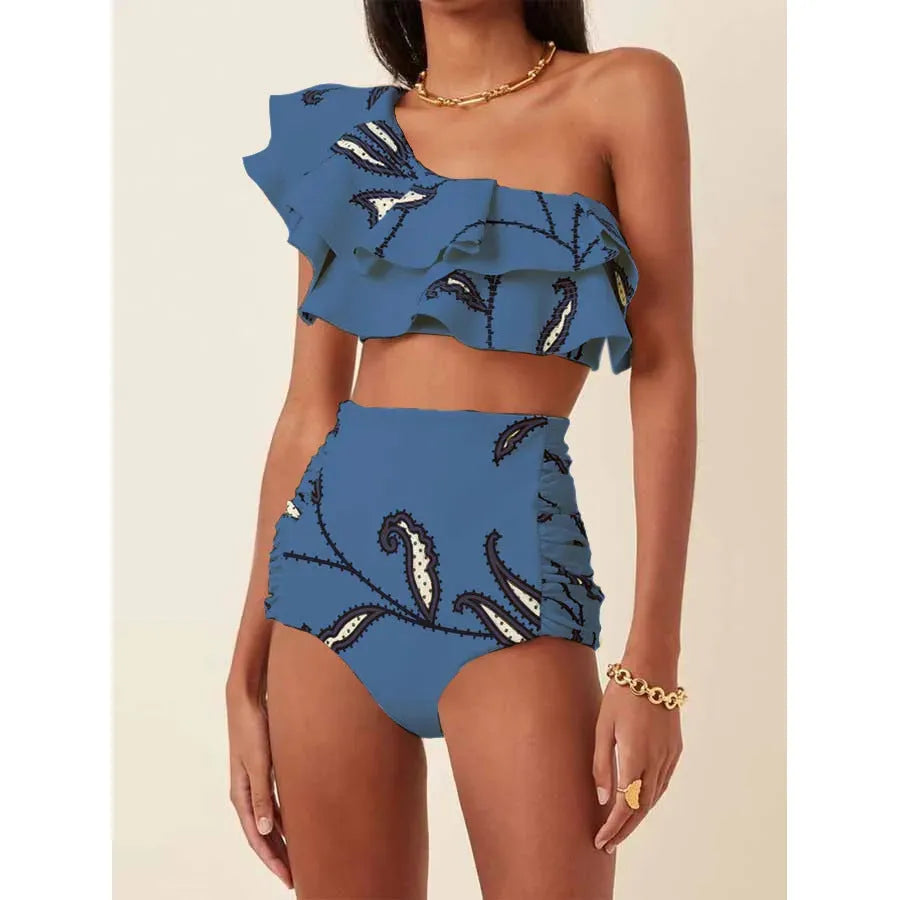 Women's high-waisted bikini set with ruffled shoulders in a striped pattern.