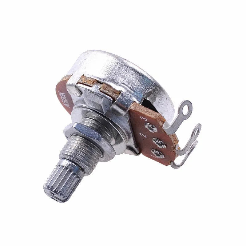 A single metal potentiometer knob for an electric guitar, shown in a choice of four resistance values.
