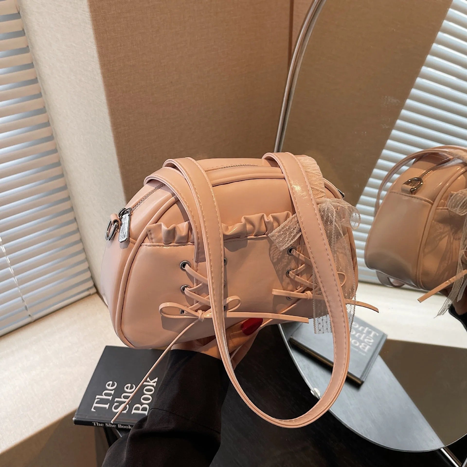 Milky White women's casual shoulder handbag with a bandage bow and sewing thread detail.