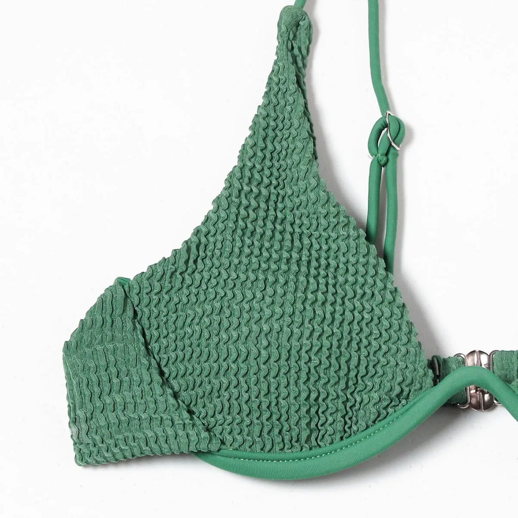 Green women's bikini suit with ruffle detail and briefs bottom