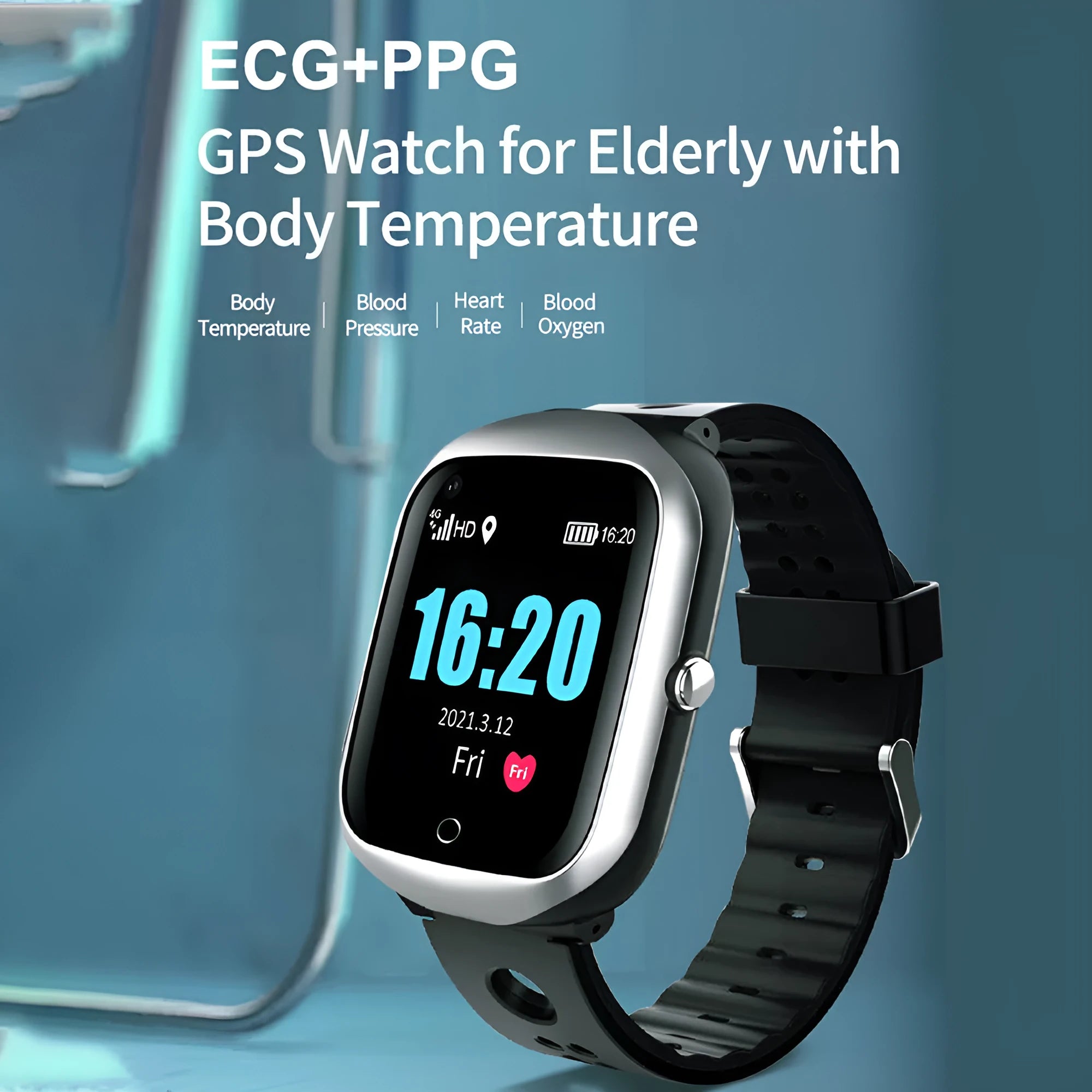 Square-faced silver smartwatch for seniors with a black silicone strap on a wrist, showing a colour screen display.