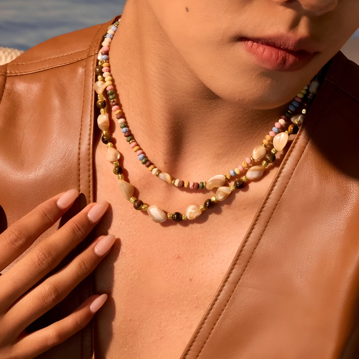 Stainless steel 18K natural stone beaded necklace in geometric shape, tiger eye or colourful beads for women