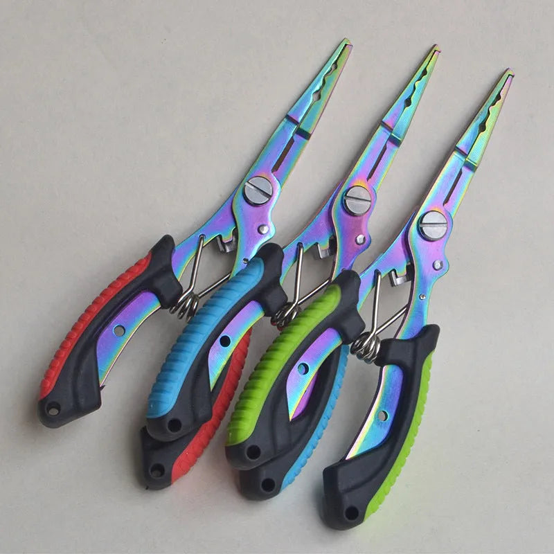 Medium straight mouth fishing pliers with hook, blue ABS handle and nylon carry strap on a grey background.