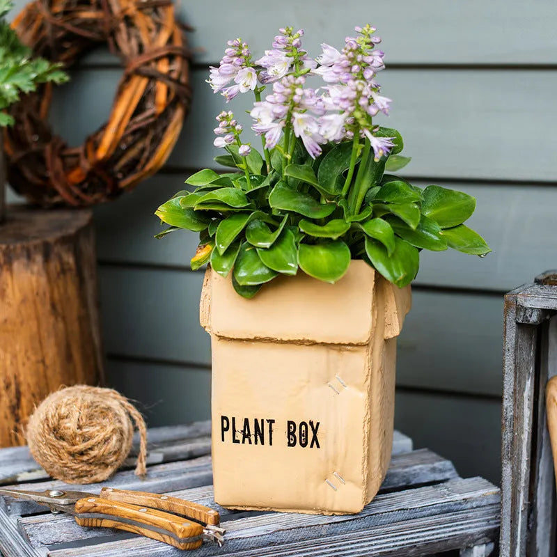 Cement flowerpot with brown paper carton design and drainage hole for indoor balcony plants.