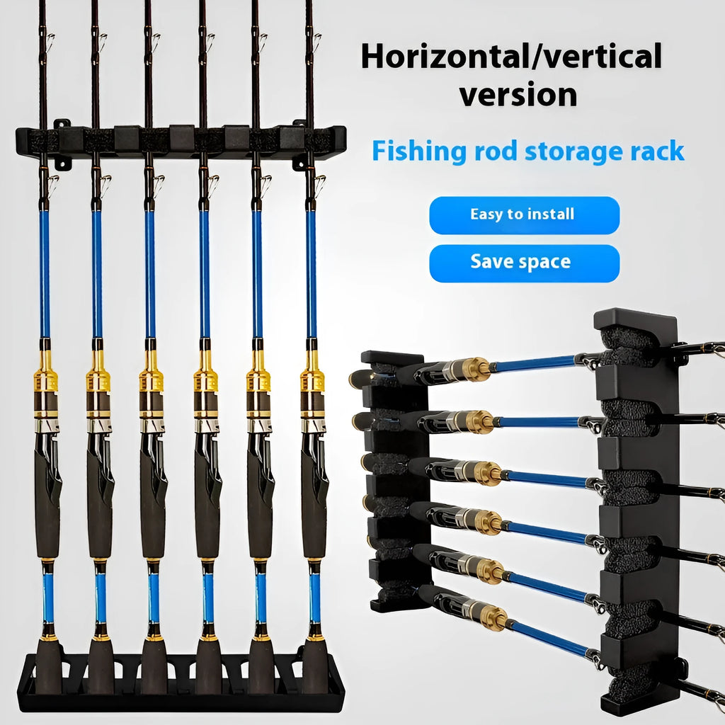 Black ABS plastic wall-mounted fishing rod storage rack showing horizontal and vertical mounting options