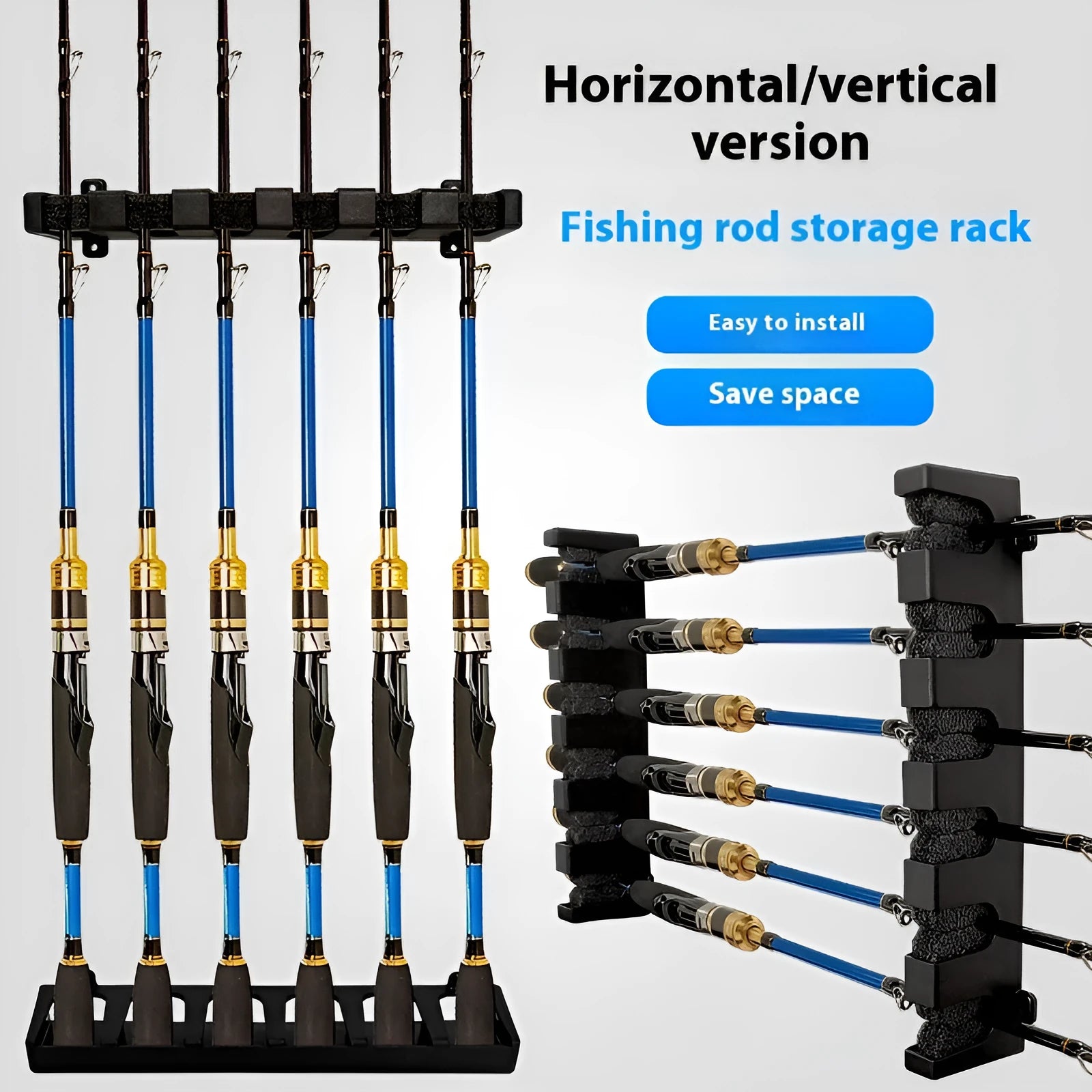 Black ABS plastic wall-mounted fishing rod storage rack showing horizontal and vertical mounting options