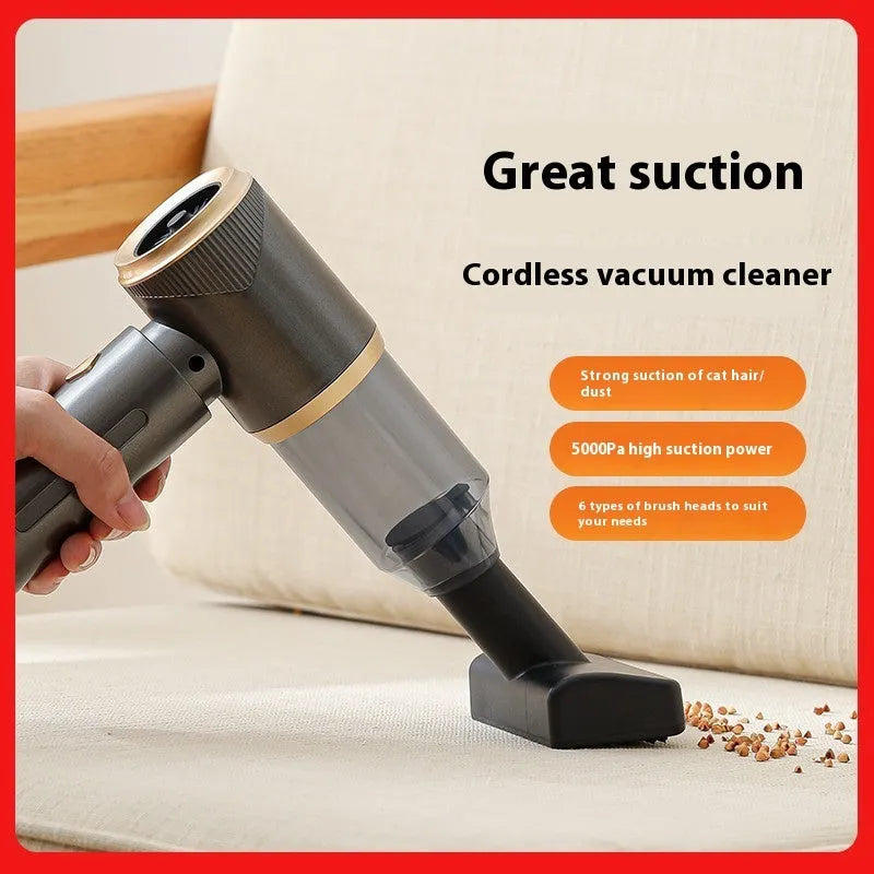 Household car portable handheld vacuum cleaner with wireless charging base, black rubber type grip, gray spray paint finish