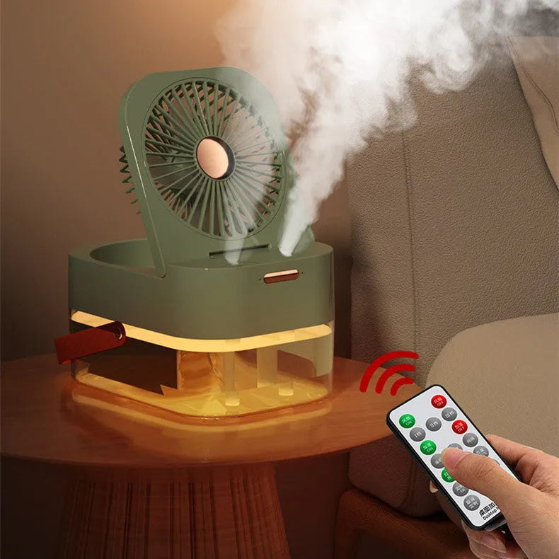 USB-powered desktop humidifier and cooling fan with remote control in green or white colour