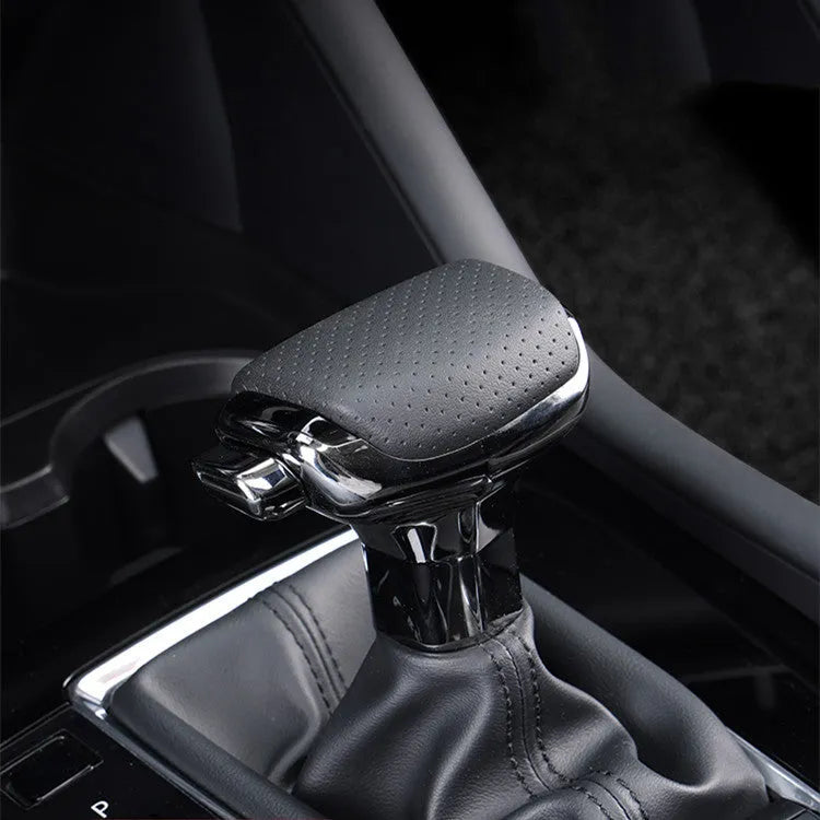 Genuine leather car gear shift knob in black and silver decoration