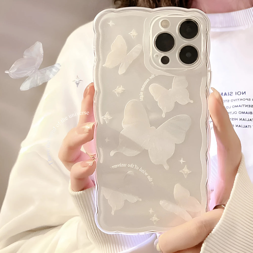Transparent white crystal butterfly TPU phone case for iPhone 12 to 15 models, painted design