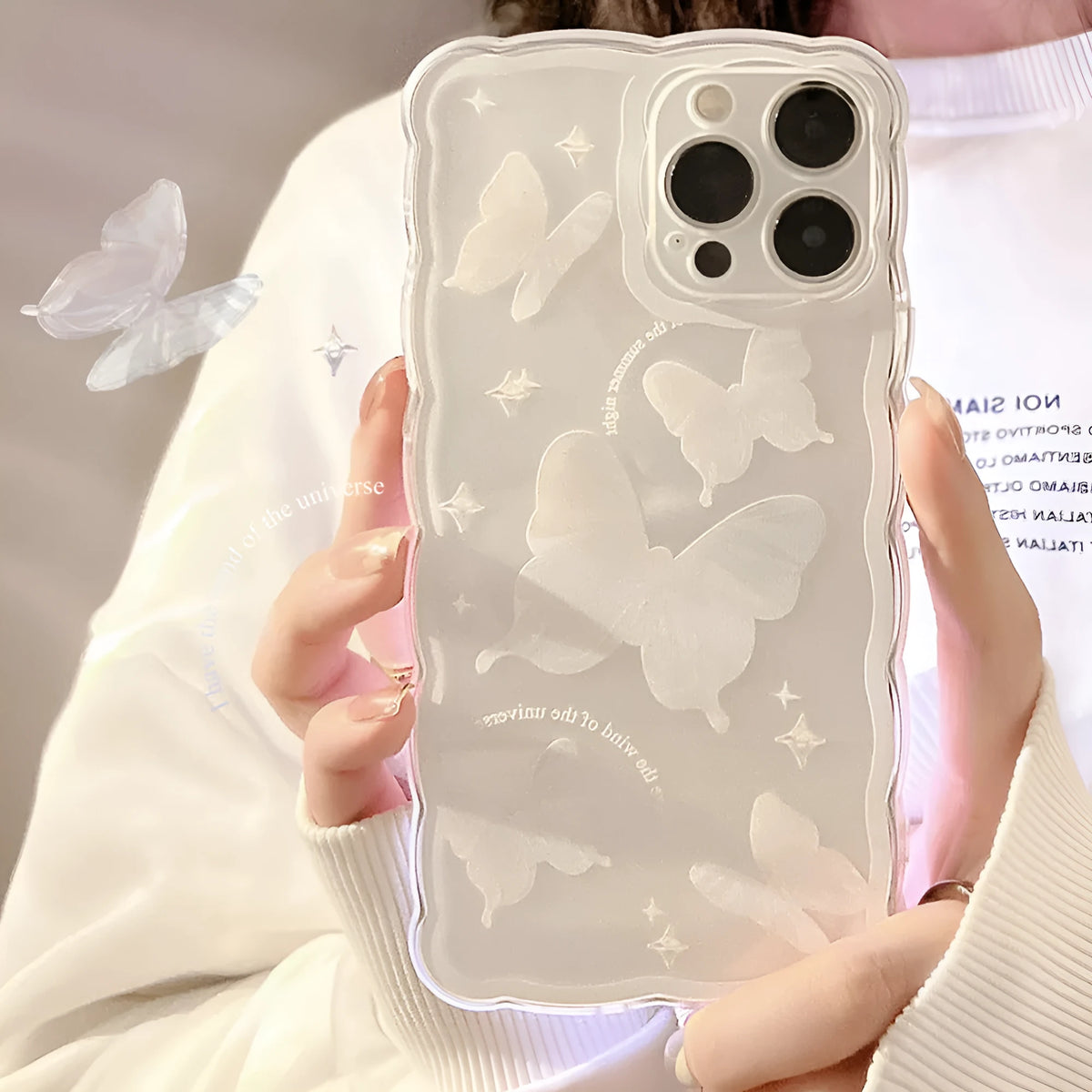 Transparent white crystal butterfly TPU phone case for iPhone 12 to 15 models, painted design