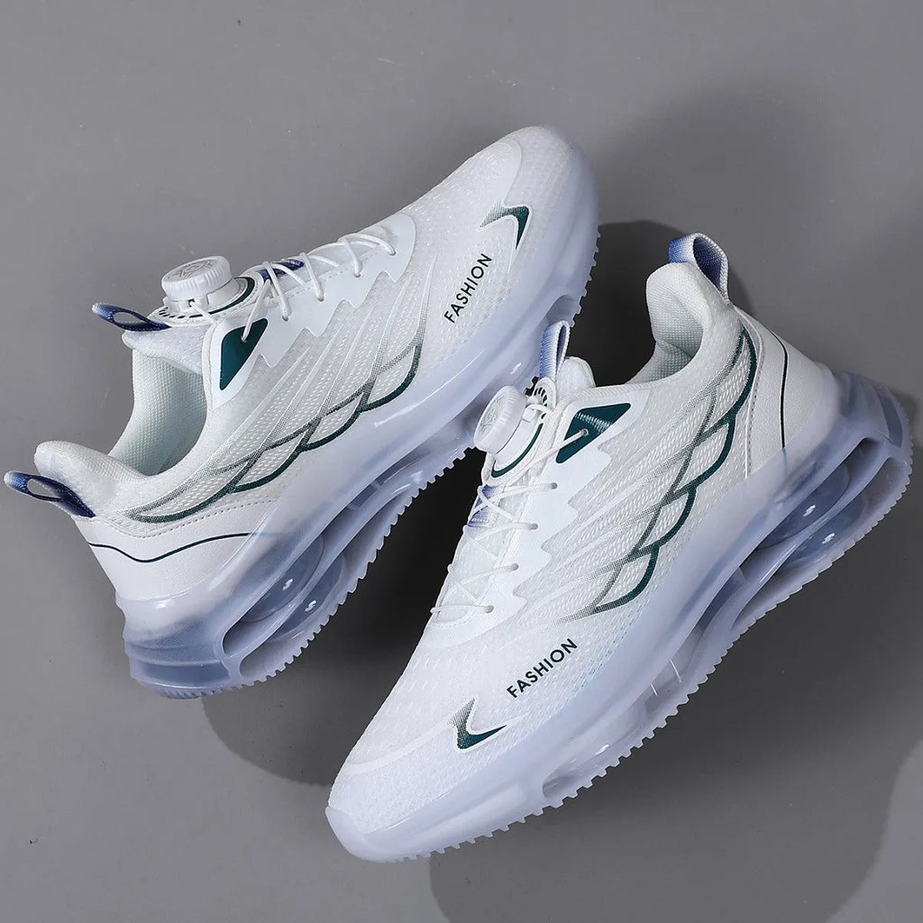 White youth casual shoes with rotating button closure, mesh upper, rubber sole, and lace-up design.