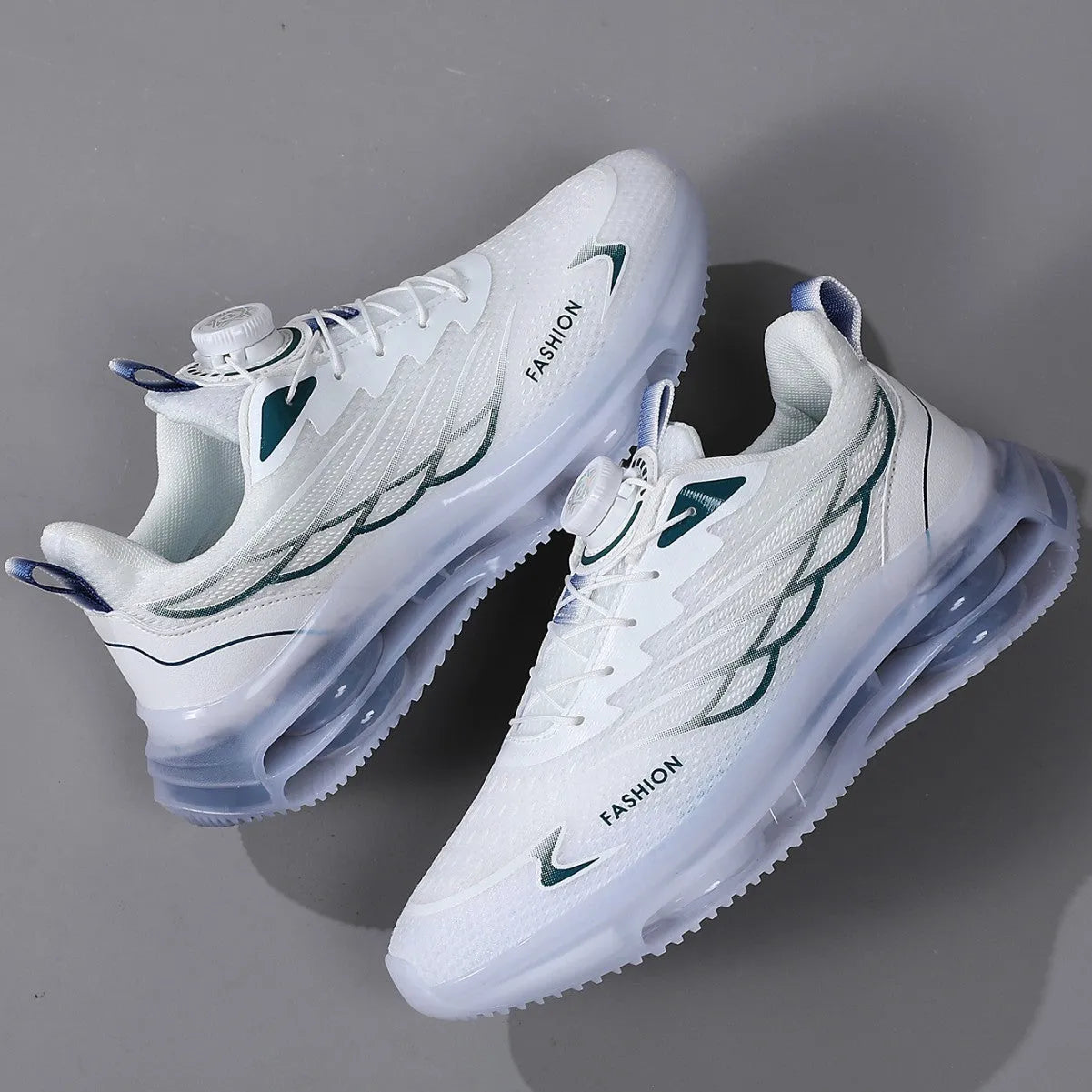 White youth casual shoes with rotating button closure, mesh upper, rubber sole, and lace-up design.