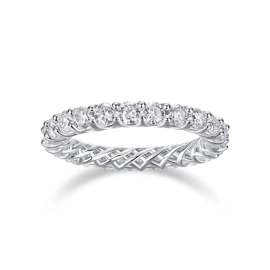 Rose moissanite wedding ring in platinum-plated S925 silver, on display with GRA certificate and gift box