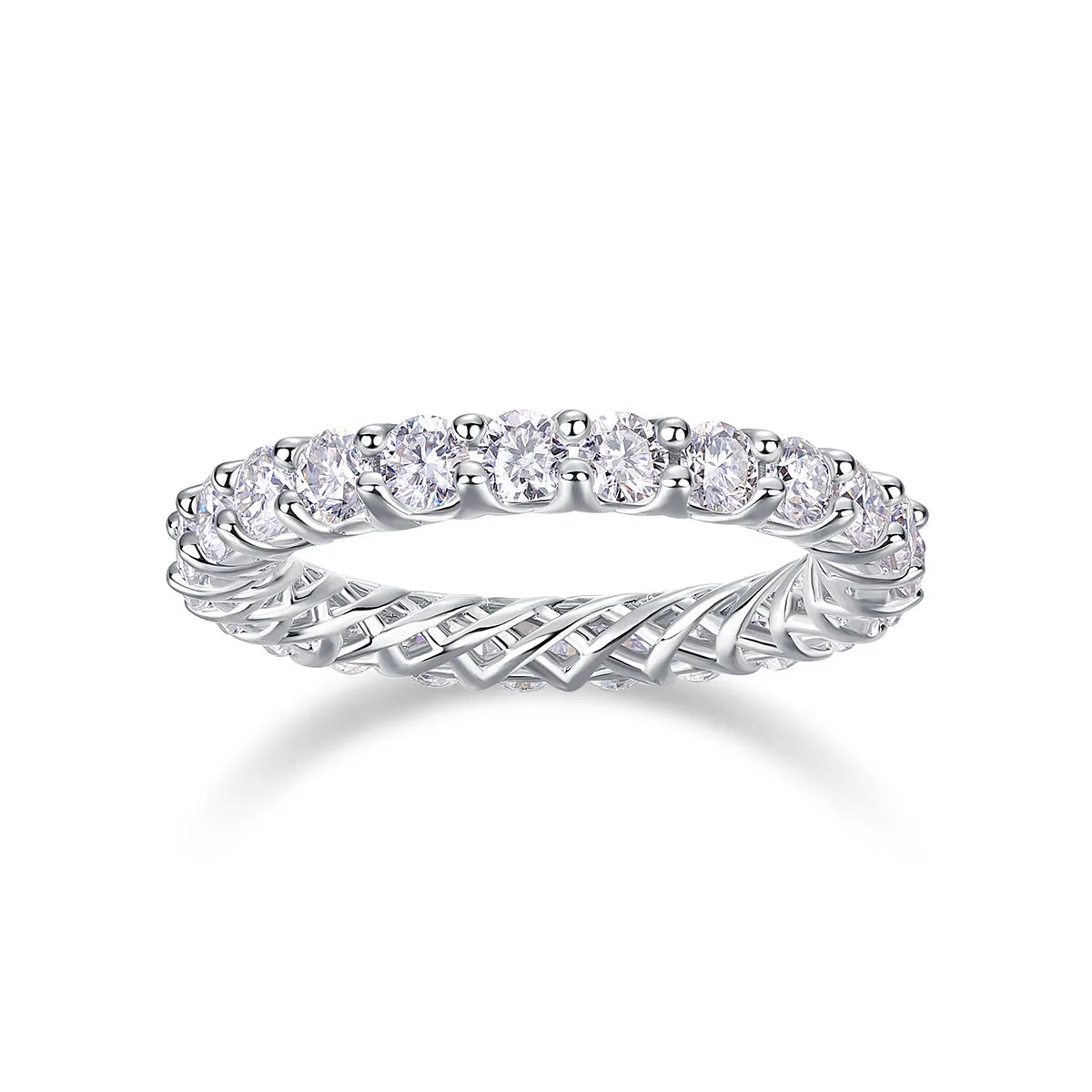 Rose moissanite wedding ring in platinum-plated S925 silver, on display with GRA certificate and gift box